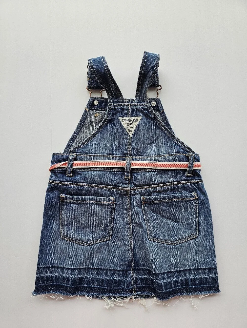 OshKosh B'gosh Denim Overall Skirt with Pink-Striped Belt, Pinafore Jeans Jumper
